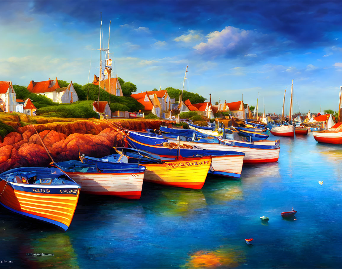 Vibrant boats near red-roofed village under blue sky