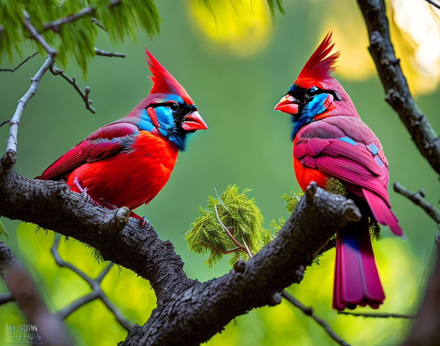 Two Northern Cardinals on Branch in Face-to-Face Interaction