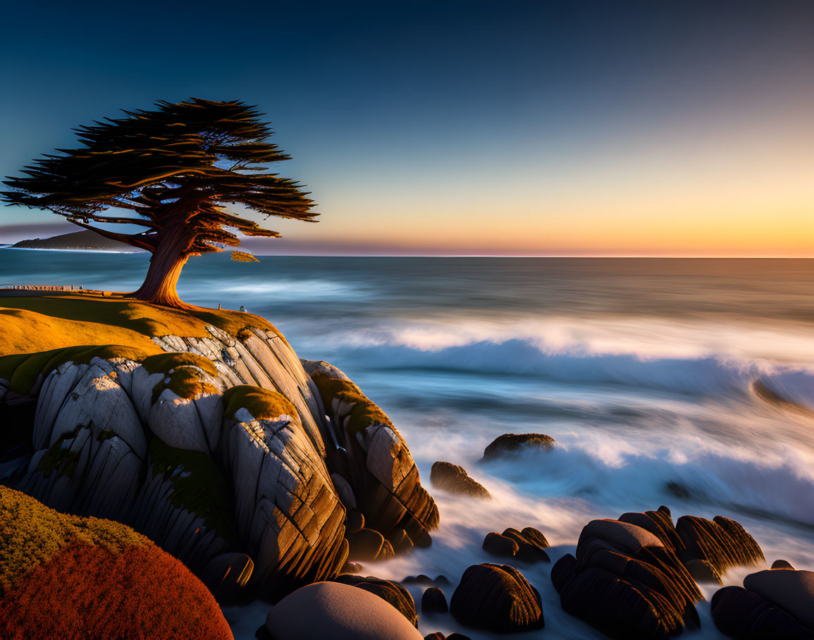 Solitary tree on rocky cliff above ocean waves at vibrant sunset/sunrise