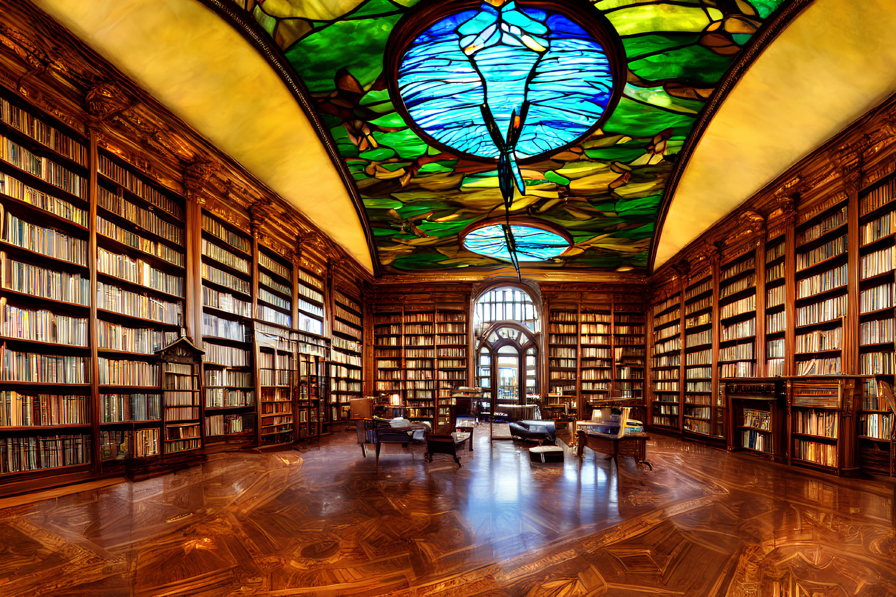 Elegant Library with Wooden Bookshelves and Stained Glass Ceiling