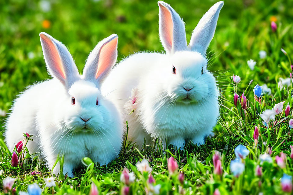 Two White Rabbits with Pink Ears in Green Grass Field