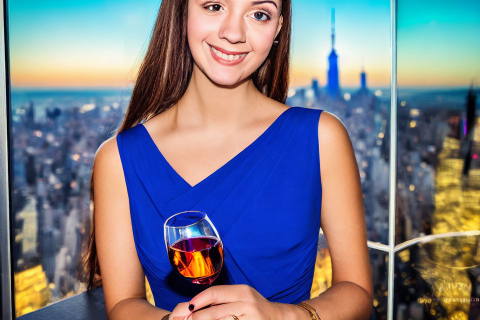 Smiling woman in blue dress with red wine glass and cityscape sunset