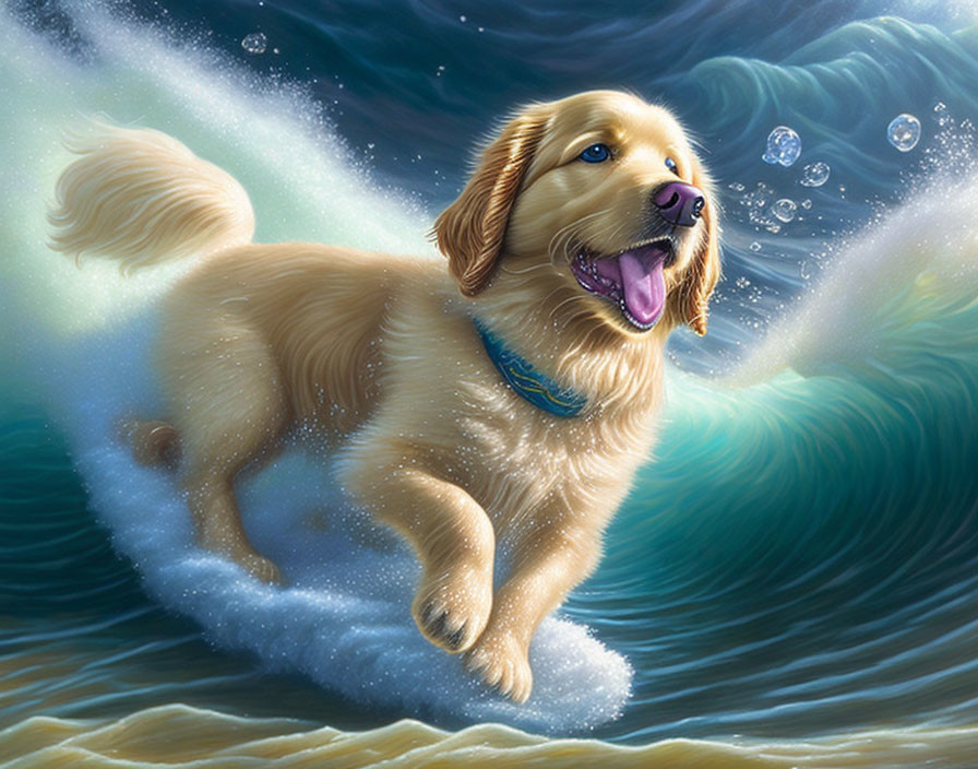 Golden retriever playing in ocean waves with wet fur.