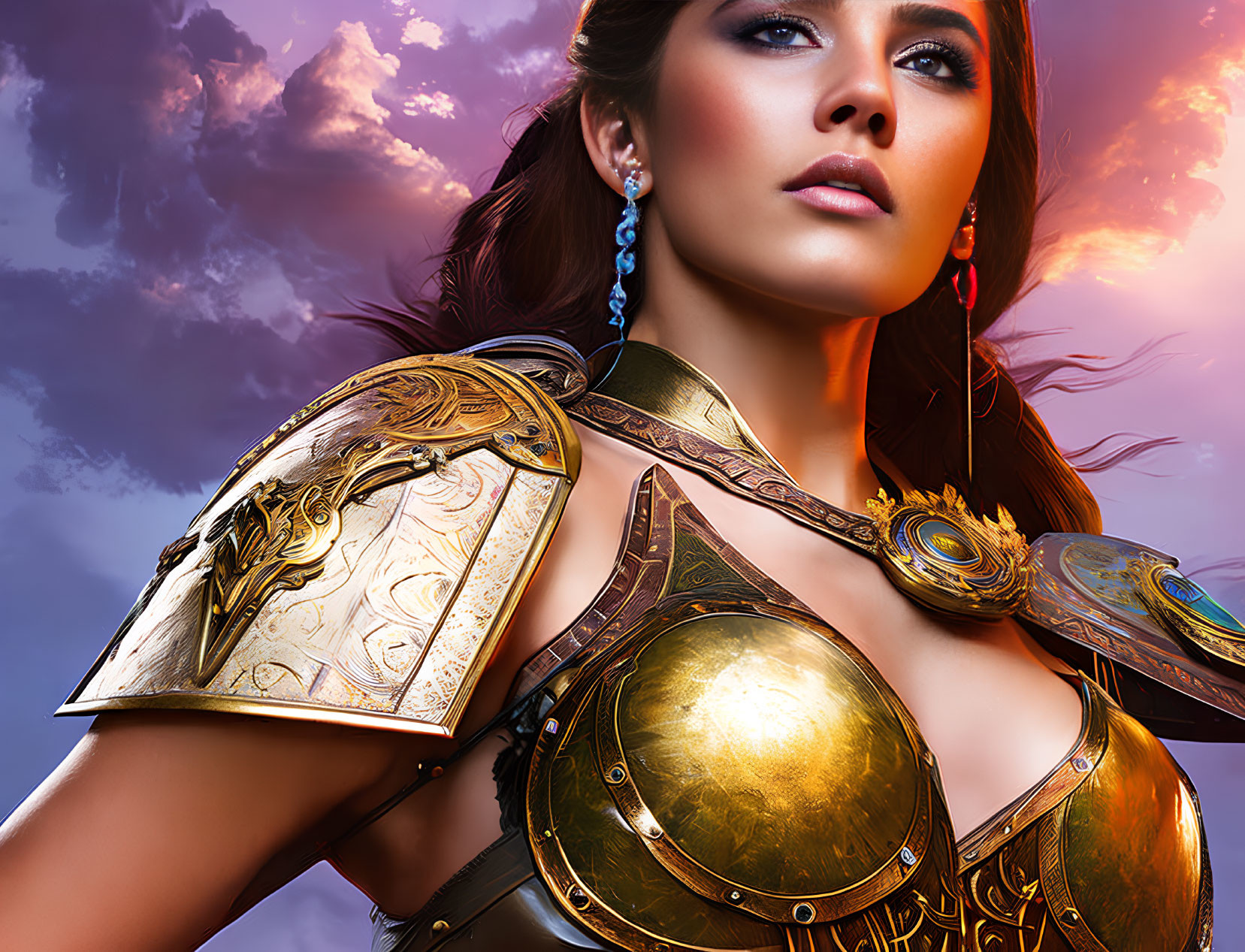 Woman in ornate golden armor under purple sky gazes fiercely.