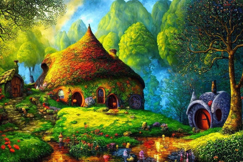 Vibrant fairytale village painting with moss-covered houses