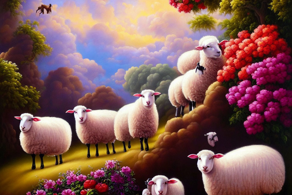 Colorful painting of fluffy sheep in vibrant landscape with horse and dreamy sky