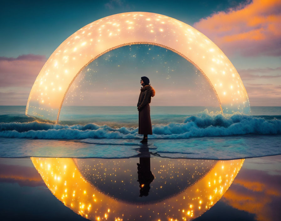 Silhouetted Person on Beach at Twilight with Glowing Circular Light Installation