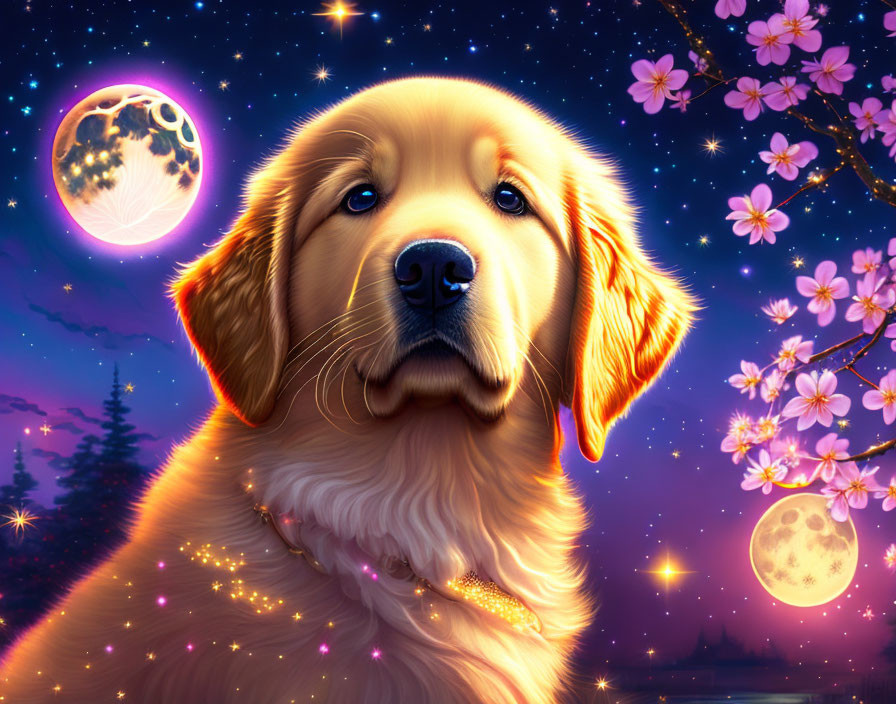 Adorable Golden Retriever Puppy in Dreamy Starry Sky Scene