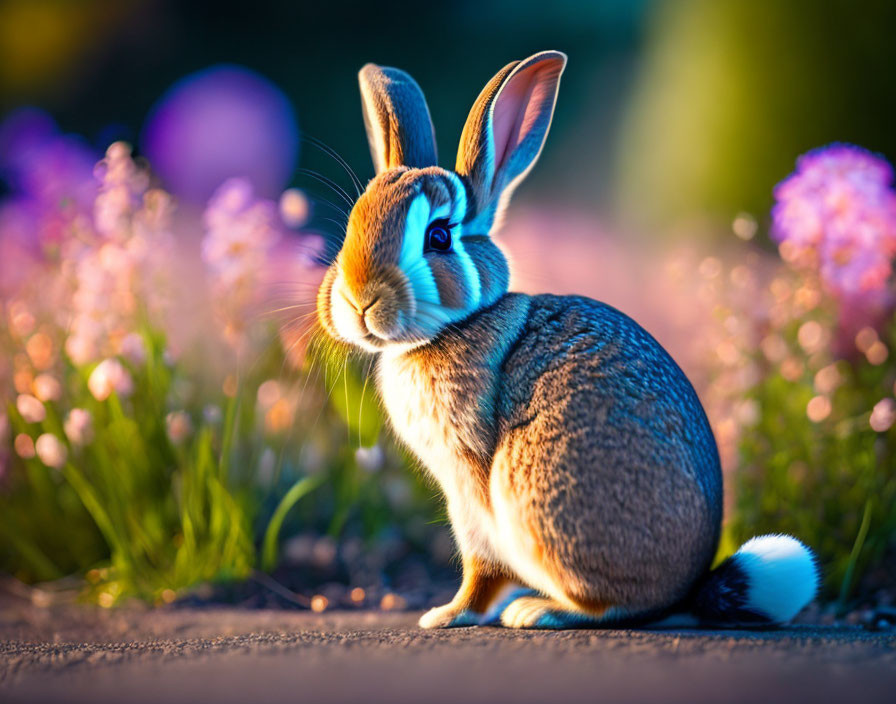 Fluffy rabbit in colorful flower garden at sunset