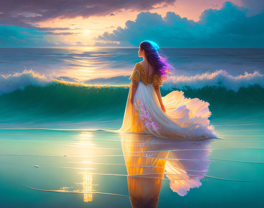 Woman in elegant gown blends with sunset colors at the shore