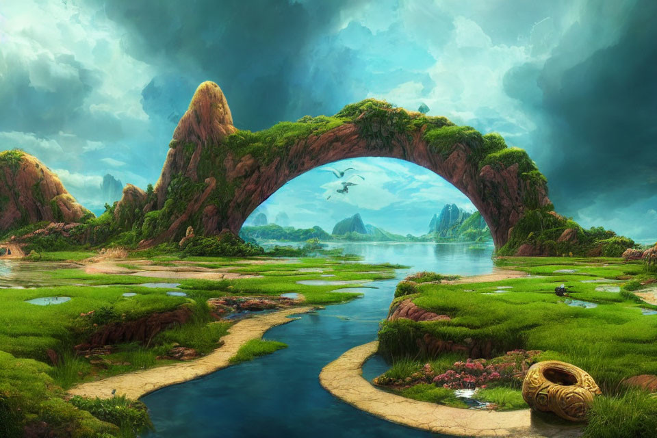 Fantasy landscape with lush greenery, rock arch, vibrant flora, bird, and ornate pot