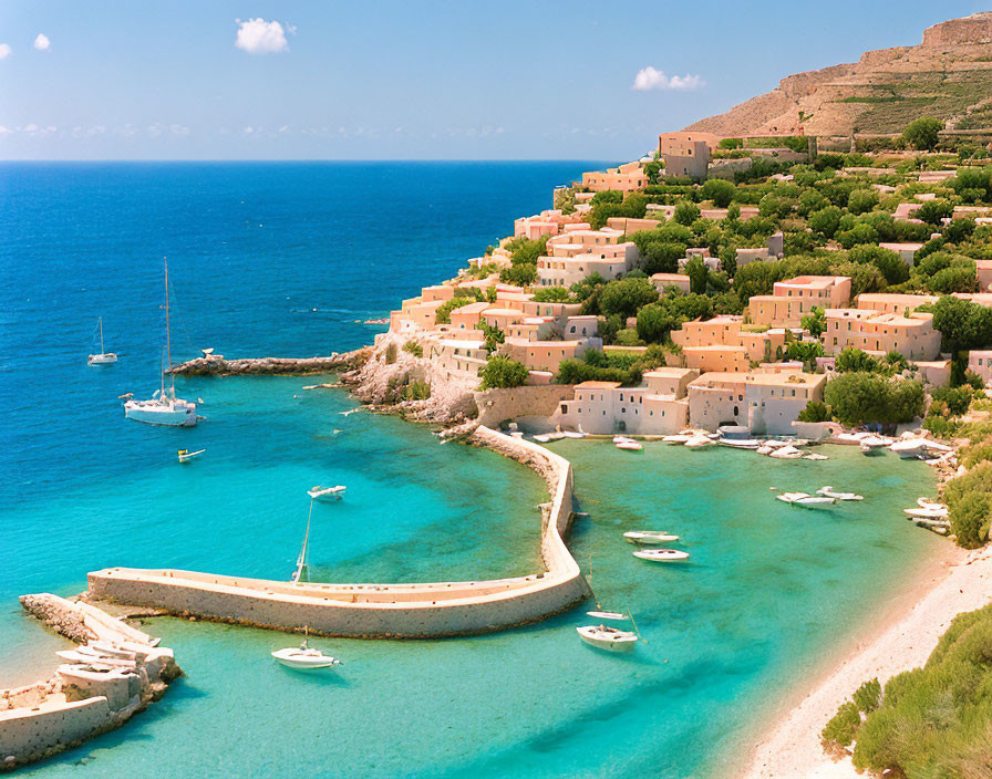 Coastal Village with Terracotta-Roofed Houses and Turquoise Waters