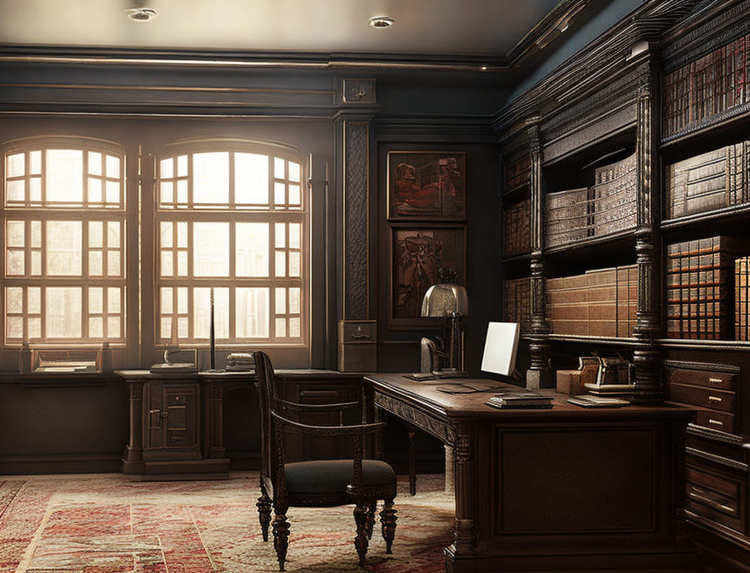 Traditional Study Room with Dark Wood Furniture and Large Windows