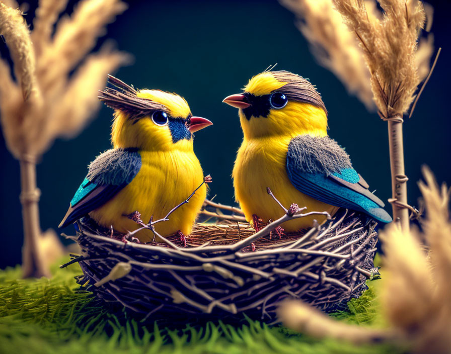 Colorful Toy Birds in Nest on Green Surface with Dried Plants