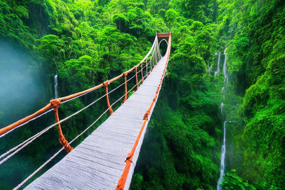 Scenic suspension bridge in lush tropical forest