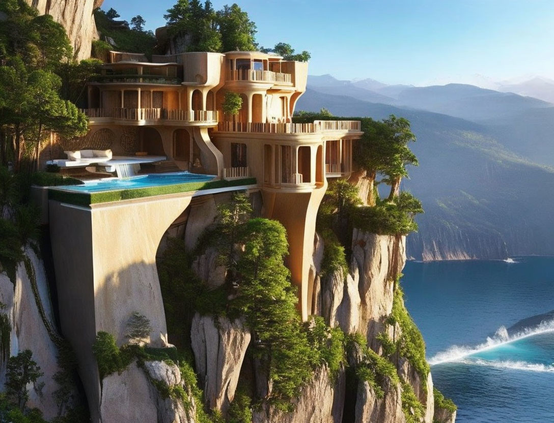 Luxurious multi-level cliffside house with modern architecture overlooking ocean surrounded by greenery