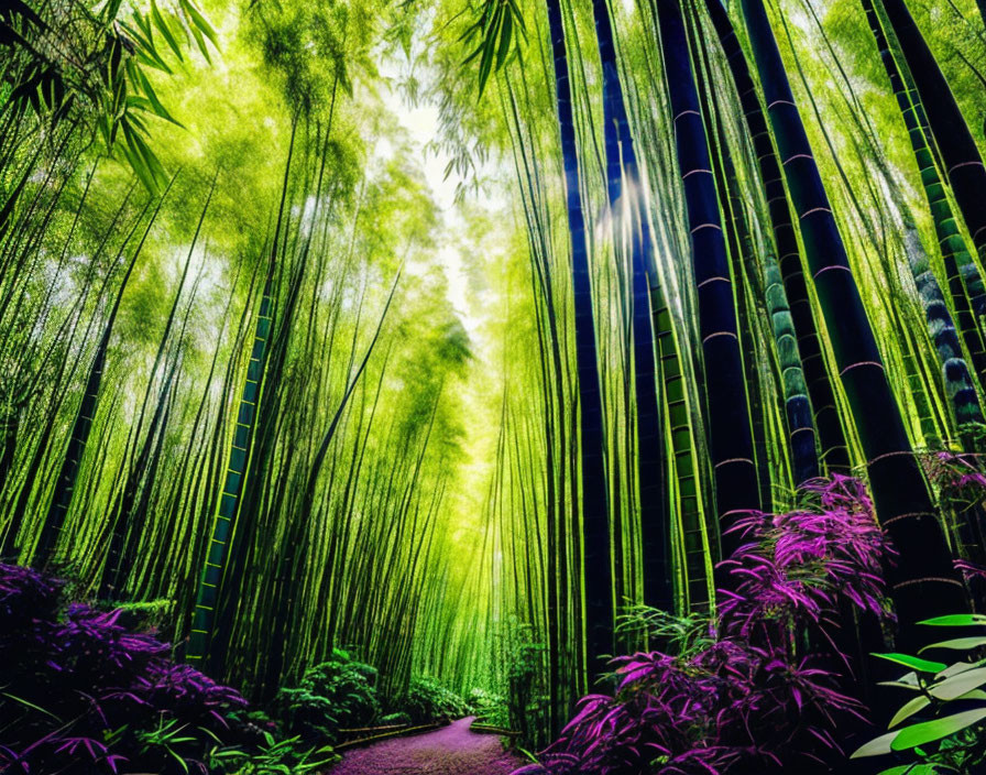 Vibrant bamboo forest with sunlight filtering through tall green stalks