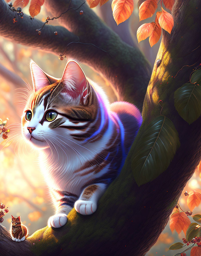 Striped cat on tree branch with autumn leaves and rainbow shadows