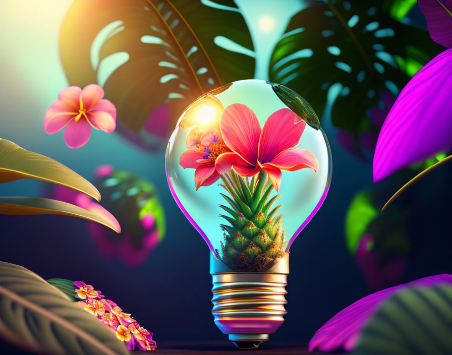 Colorful Light Bulb Illustration with Miniature Tropical Ecosystem