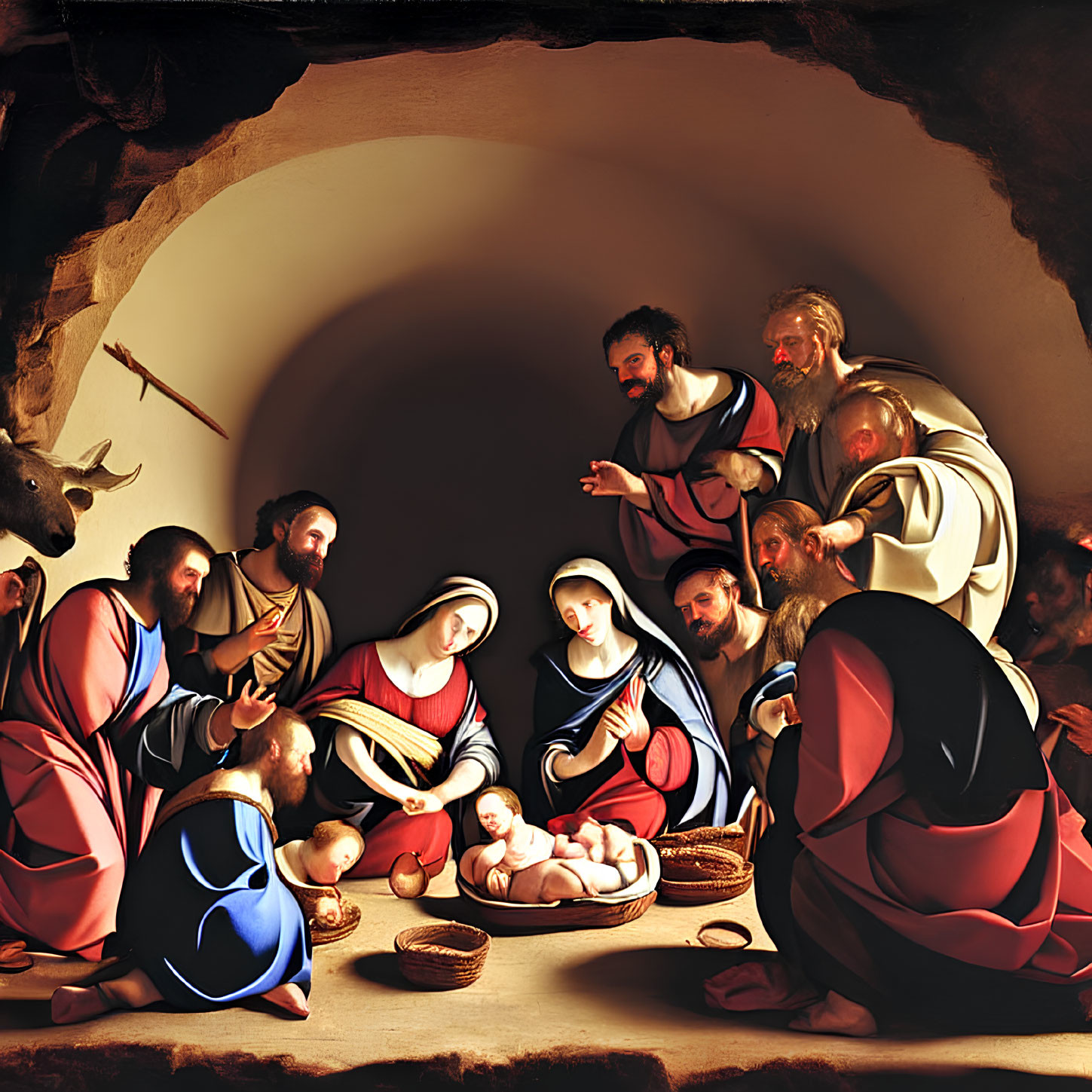 Religious Nativity scene with Holy Family, wise men, shepherds, and animals in a