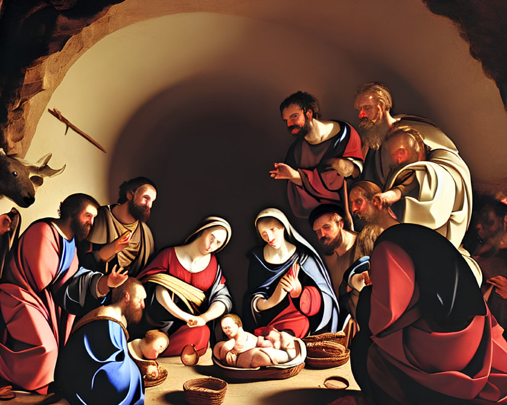 Religious Nativity scene with Holy Family, wise men, shepherds, and animals in a