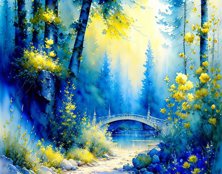 Vivid blue and yellow enchanted forest with sunrays on stone path