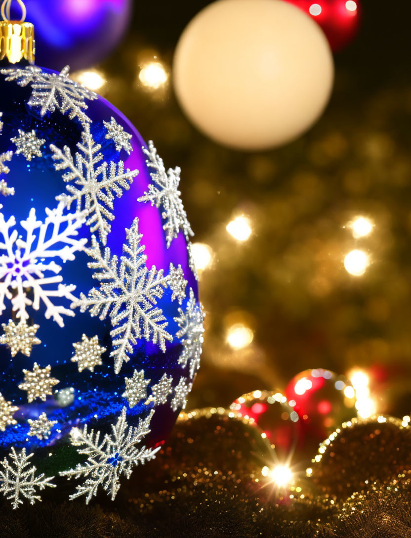 Blue Christmas ornament with silver snowflakes and festive lights in background