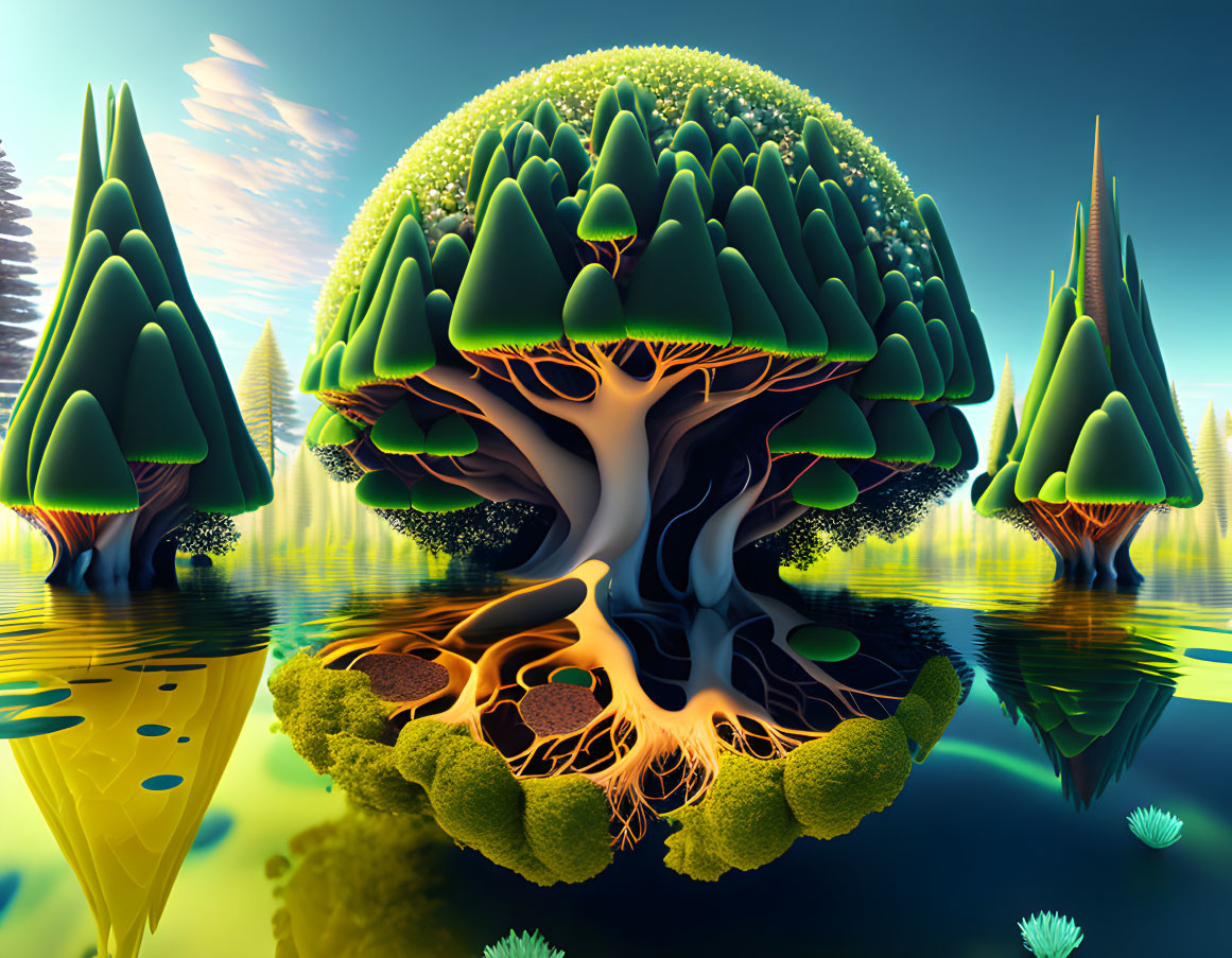 Surreal landscape with tree-like structures and clear sky