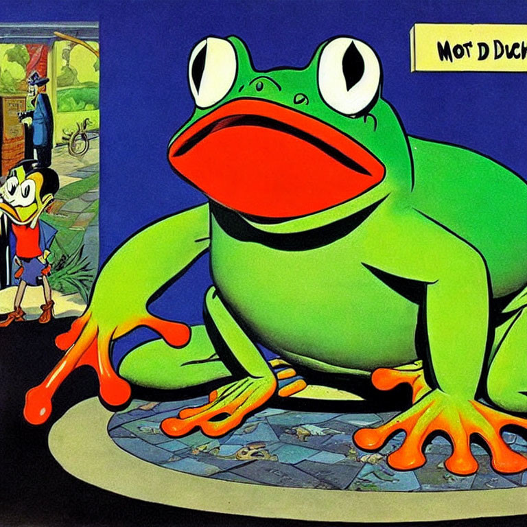 Vibrant illustration: Green frog with red-orange extremities, small figure by door