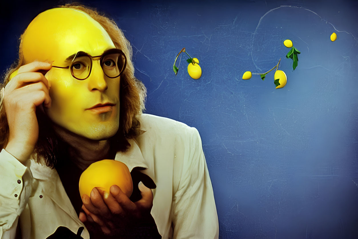 Person with lemon head adjusts glasses against lemon-balloons on blue background