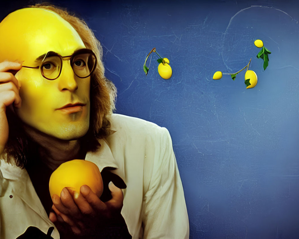 Person with lemon head adjusts glasses against lemon-balloons on blue background