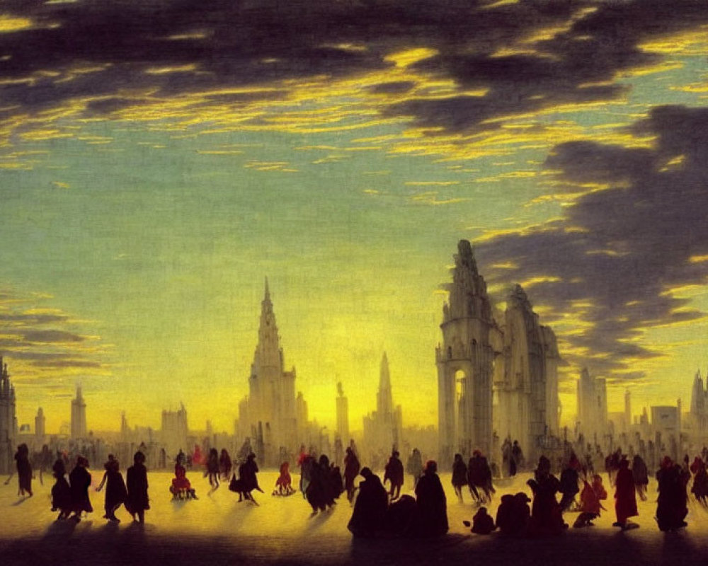 Cityscape painting with silhouetted figures at sunset