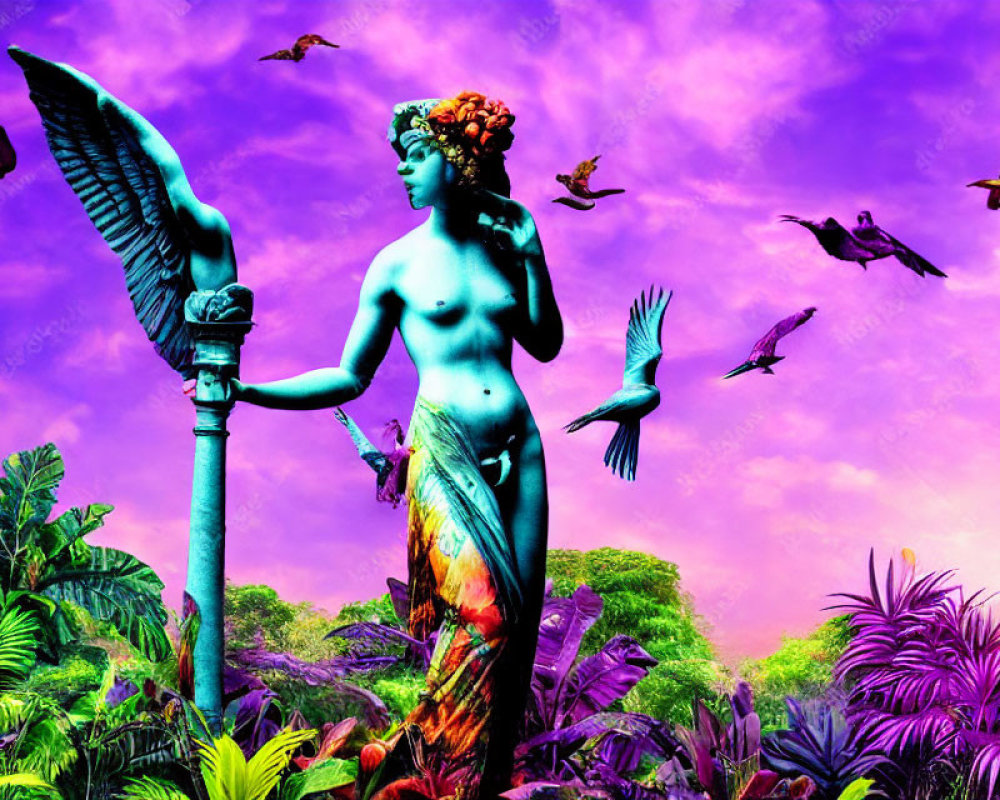 Colorful classical statue with birds and tropical foliage.