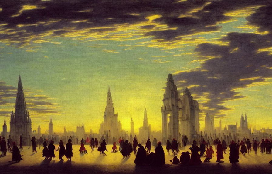 Cityscape painting with silhouetted figures at sunset