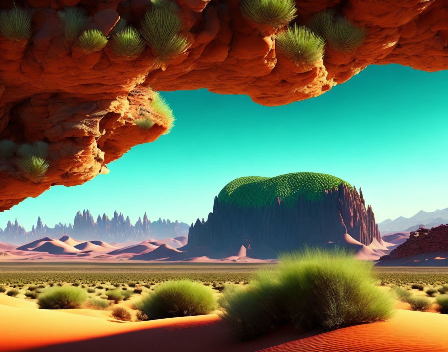 Surreal desert landscape with rocky arch, dome-like hill, sand dunes, and green vegetation