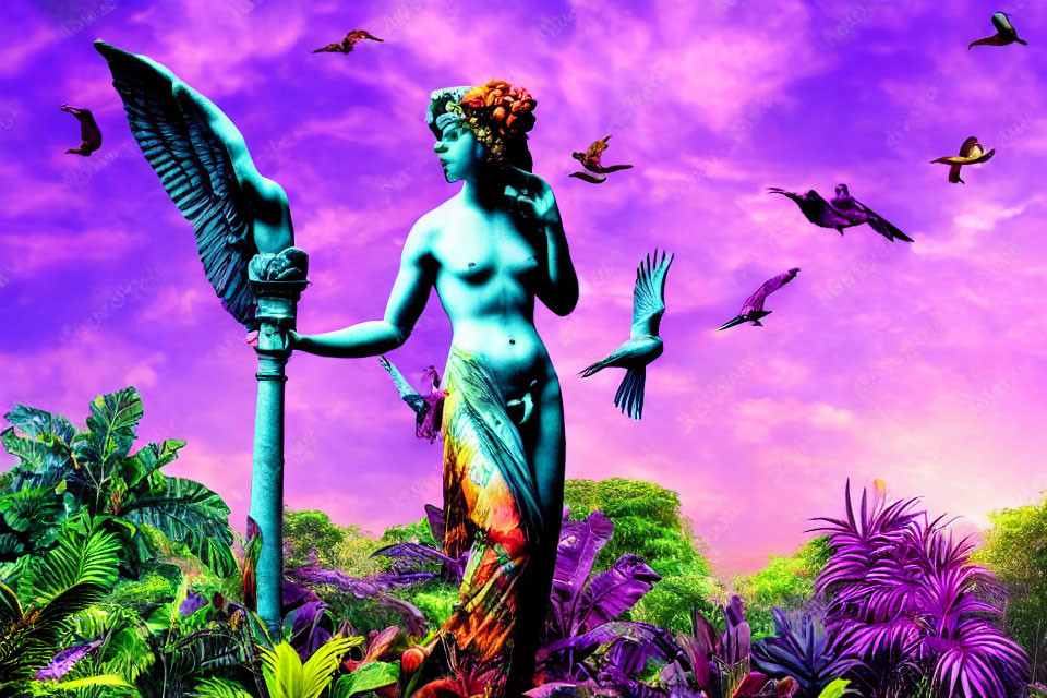 Colorful classical statue with birds and tropical foliage.