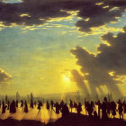 Cityscape painting with silhouetted figures at sunset