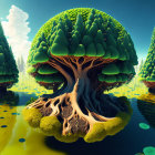 Surreal landscape with tree-like structures and clear sky