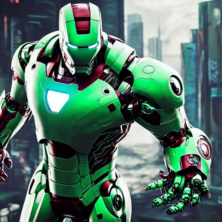 Futuristic green and silver armored suit with glowing lights in urban setting