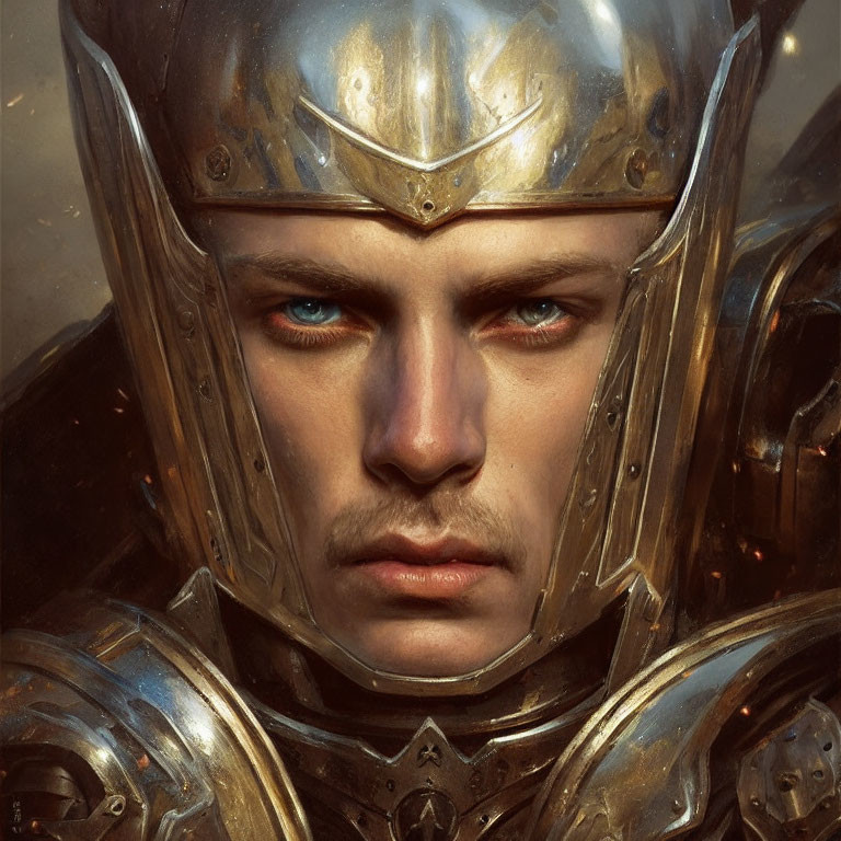 Detailed Close-Up Portrait of Stern-Faced Individual in Medieval Knight Armor