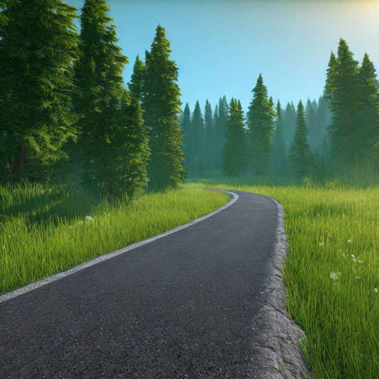 Tranquil forest pathway under clear blue sky