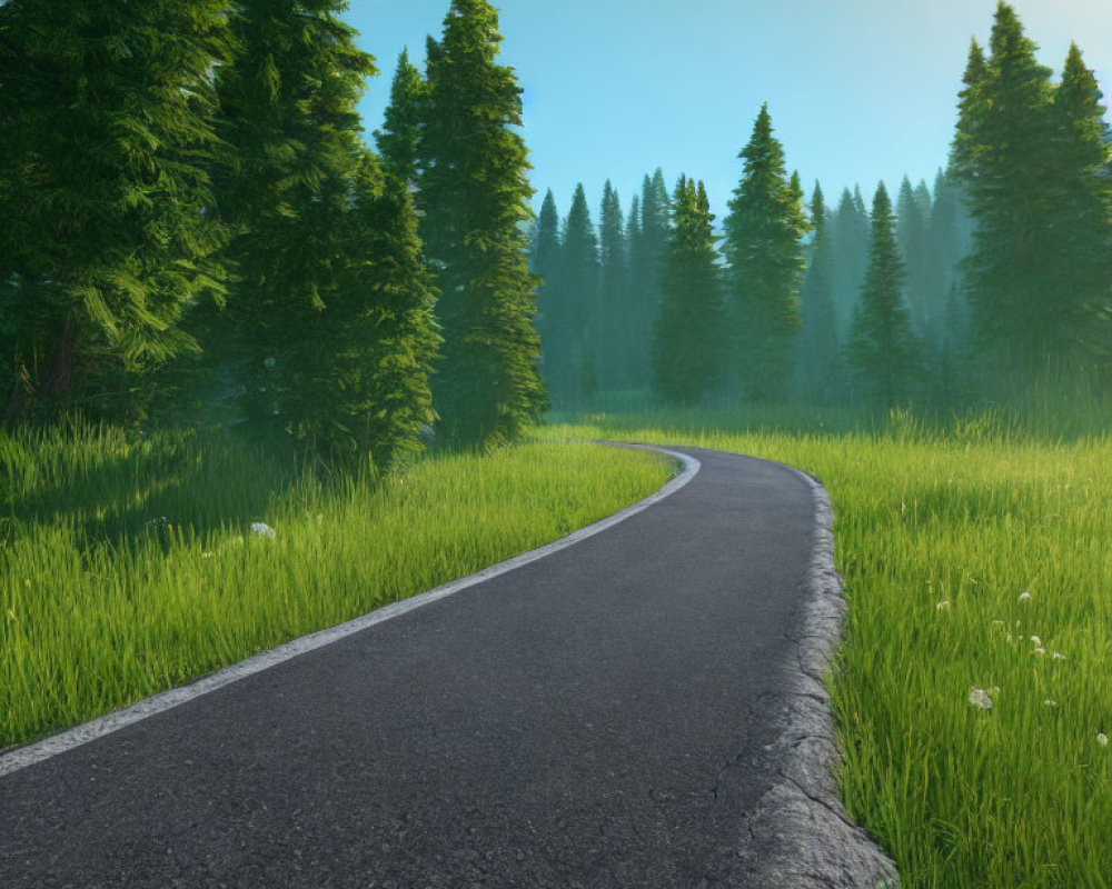 Tranquil forest pathway under clear blue sky