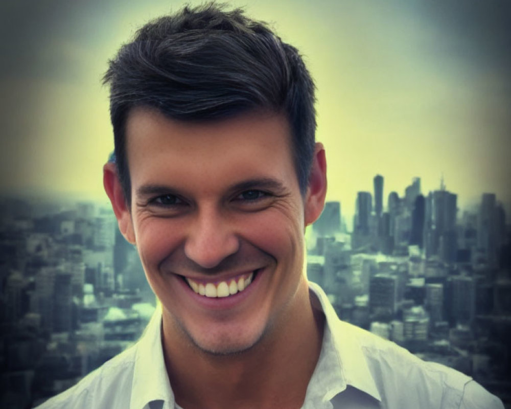 Dark-haired man in white shirt against blurry city skyline