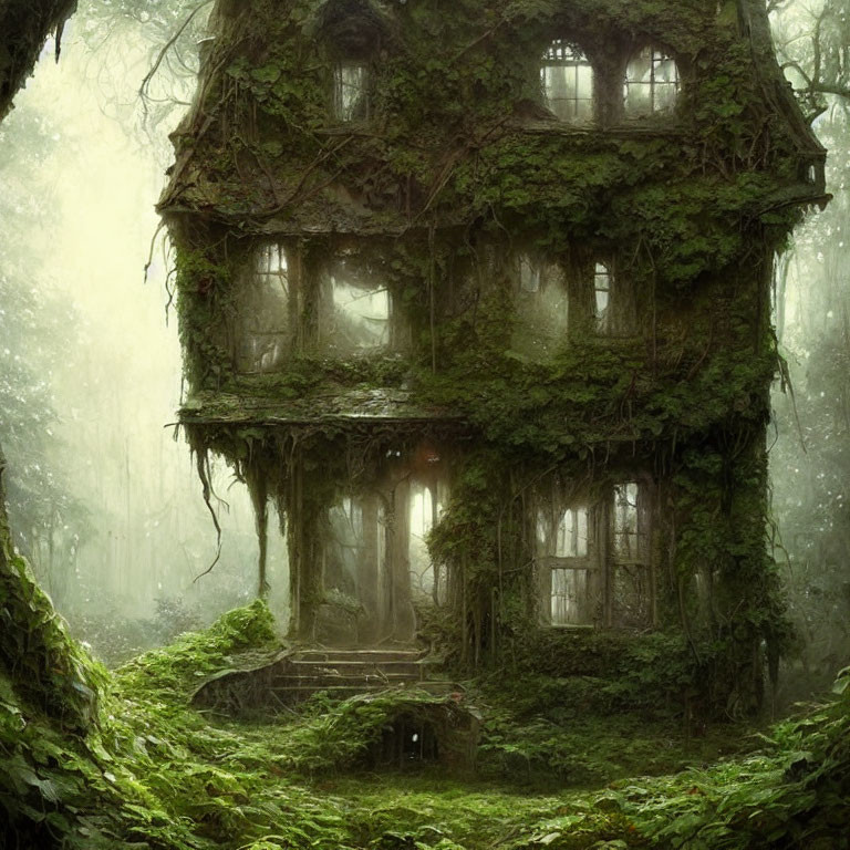 Mysterious overgrown house in misty forest setting