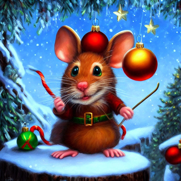 Festive Animated Mouse with Candy Cane in Snowy Christmas Scene