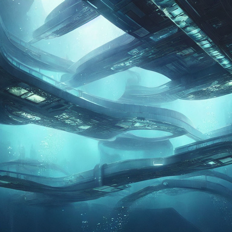 Futuristic Underwater City with Looping Structures and Blue-Green Ambiance