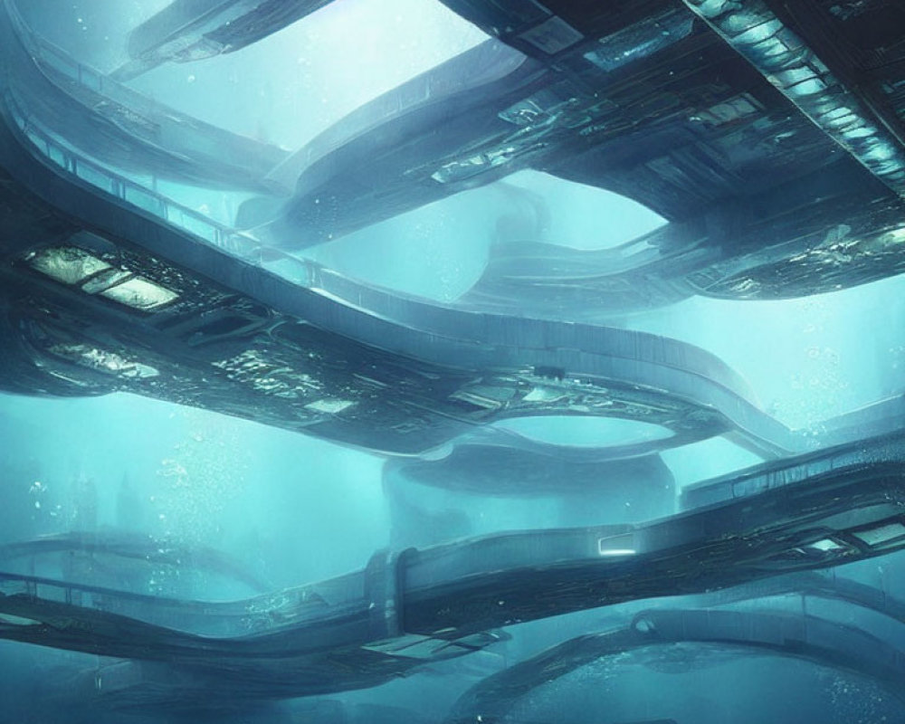 Futuristic Underwater City with Looping Structures and Blue-Green Ambiance