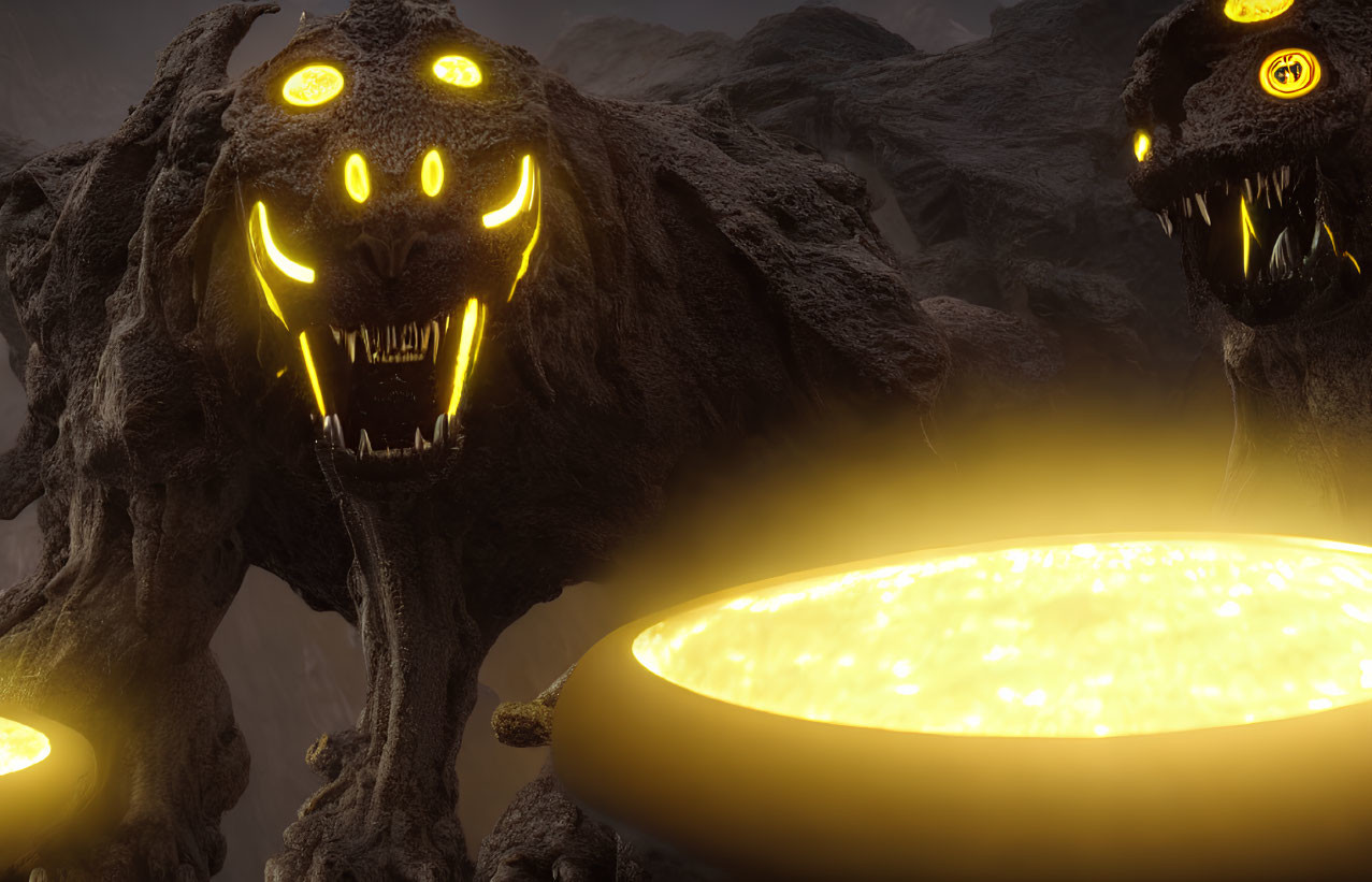 Glowing-eyed creatures with sharp teeth over molten pit