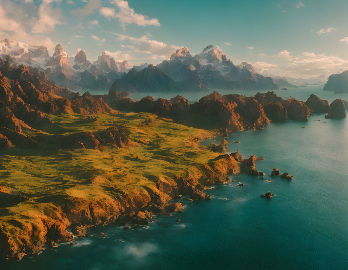 Tranquil coastal landscape with greenery, mountains, and calm sea at sunset