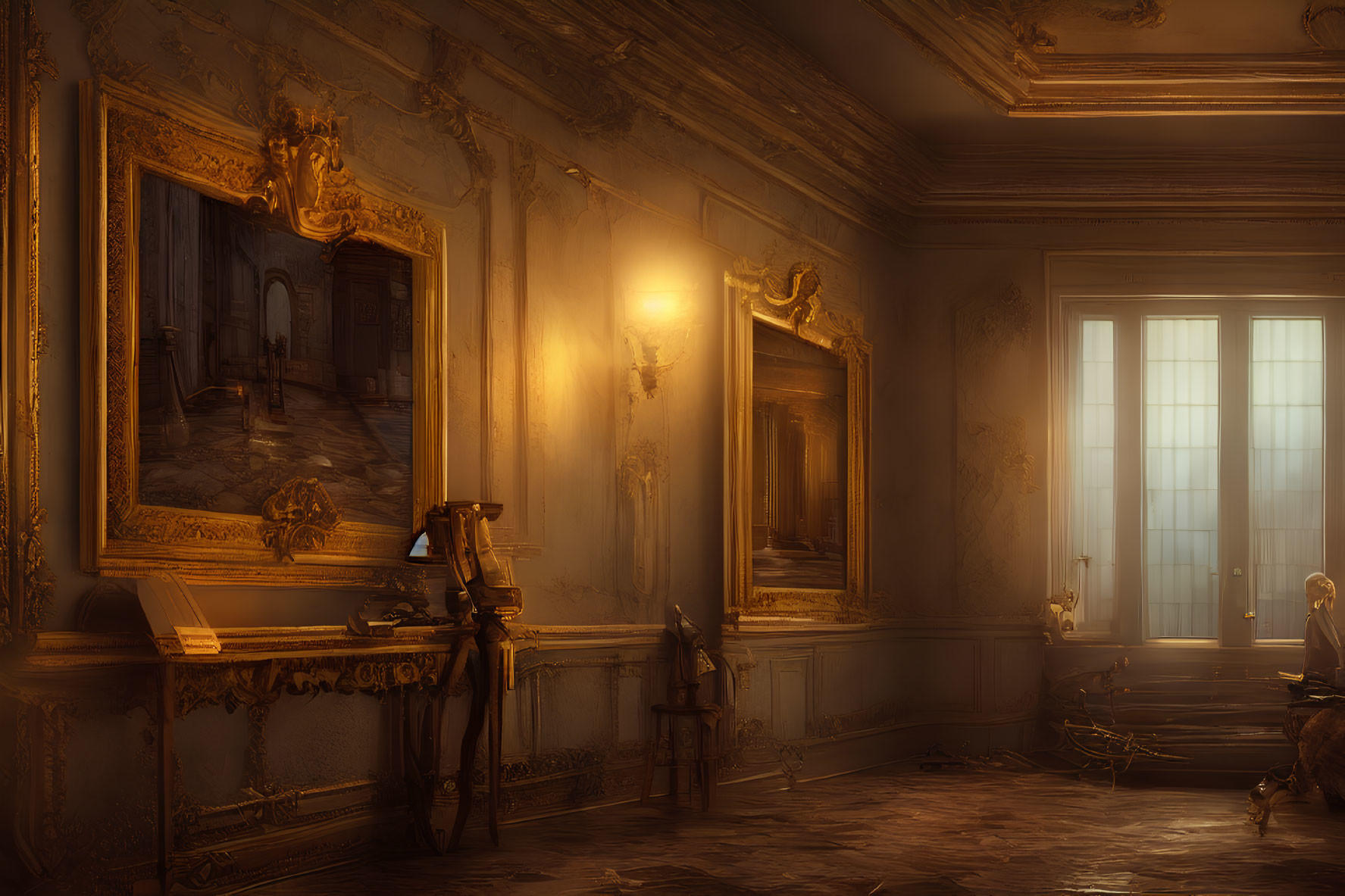 Luxurious room with golden trims, classical paintings, and person by window in warm light